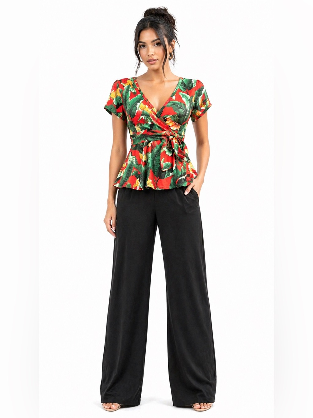 Tropical Wrap Peplum Top - Red & Green